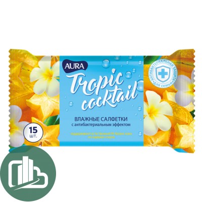 Влажные салфетки AURA TROPIC COCKTAIL. с антибактериальным 1/15