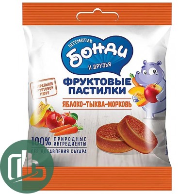 Мармелад Бонди 30гр Фруктовые пастилки яблоко тыква морковь 1/90 Яшкино