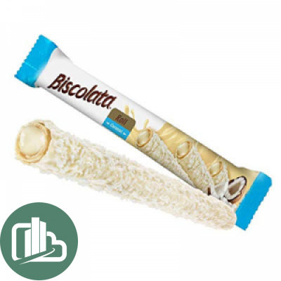Вафельные трубочки Biscolata NIRVANA Roll с белым шоколадом молочный начинкой и кокосом 26гр 1/12