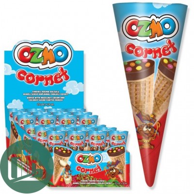 Вафли (Рожок) OZMO Cornet с кремом из фундука с мол шок и конфетами-драже 25гр 1/24