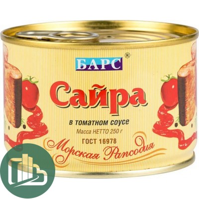 БАРС Сайра в томатном соусе с ключом 250гр 1/24 Морская расподия Желтая банка